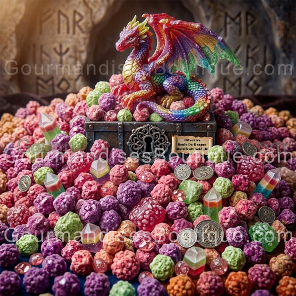 Hitschies Boule De Dragon Multifruit Acidulé (bonbon) -Confiserie croquante à l'extérieur, moelleuse à l'intérieur/dedans.