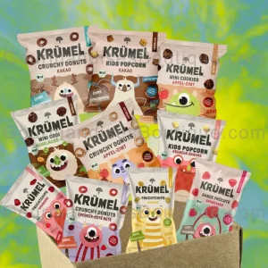 Box Krümel popcorn, mini cookies/biscuits - Délicieux snacks naturelles/bio, miettes de fruits, chips aux fruits (vient d'Allemagne).