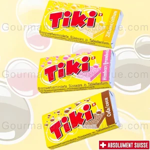 Bonbon Tiki suisse délicieux nostalgie (de notre enfance). Trop bonne sucrerie/gourmandise - Friandise cola, framboise, citron.