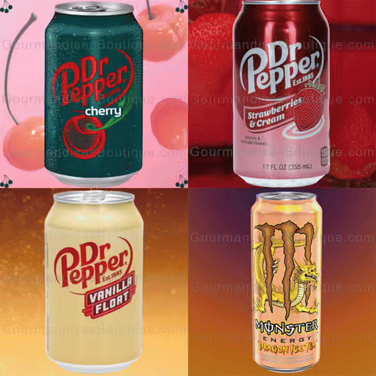 Energy drink/Boisson énergisante Red Bull, Monster, Take Off, Export USA, Europe, Japon, Brésil - Soda Dr Peeper Cerise, Vanille, Fraise.