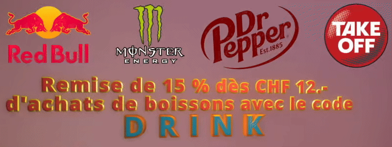 Remise 15 % boissons/energy drink Red Bull, Dr Pepper - Monster et Take Off à prix spéciaux.