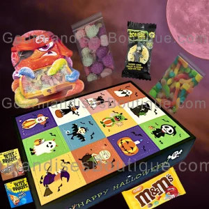 Box Halloween Acidulée bonbons, sucette - Boîte avec chocolat M&M's Peanut/cacahuète spéciale fête de la peur (31 octobre).