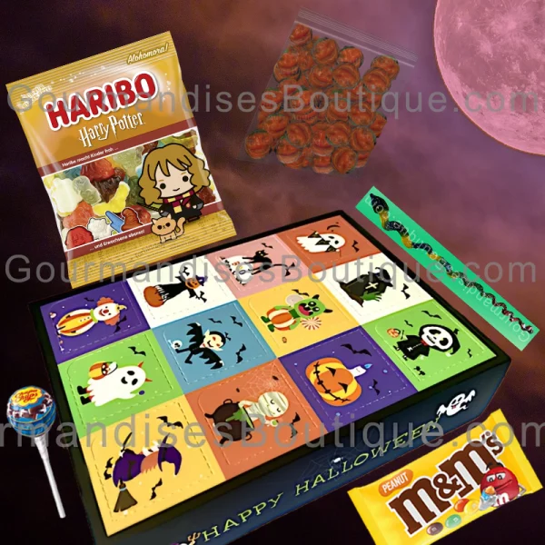 Box Halloween Lisse bonbons, sucette - Boîte avec M&M's Peanut/cacahuète pour la fête de la peur (31 octobre).