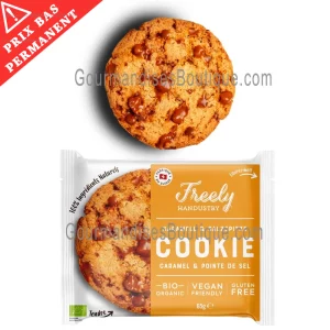 Maxi cookie moelleux de Freely - Grand biscuit de 65 g artisanal de qualité (fait à Genève, en Suisse) - Au caramel, sans lactose, sans gluten, végan, bio.