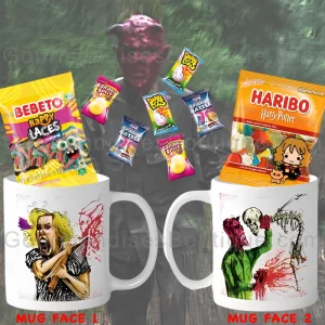Mug Halloween bonbons Harry Potter et spaghettis/lassos acidulés - Tasse film horreur La forêt des démons "Forest of Demons" avec confiseries/chewing-gums (marques Bebeto, Fini, Haribo) - Long-métrage JCG Production/Jean-Clément Gunter goodie pas cher/prix bas.