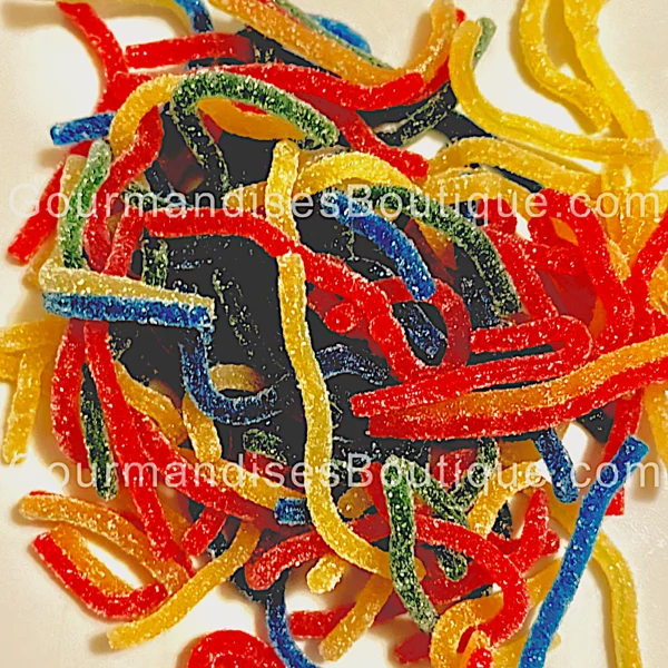 Bonbon Spaghetti Multigoût délicieux succulent (trop bon) Sucré/Acidulé (citrique) friandise - Confiserie acide très bonne - Boutique en ligne fiable (Suisse).