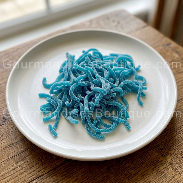 Spaghetti Mini Framboise Acidulé - Ficelle citrique bleue.