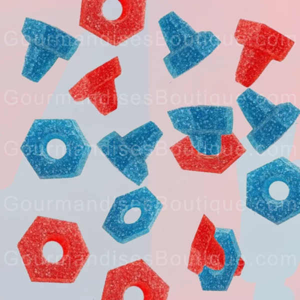 Bonbons Ultra-acides Écrous et Boulons Fraise Framboise Acidulés - Confiseries citriques bleues et rouges délicieuses (et drôle).