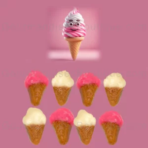 Bonbon en forme de cornet de glace au bont goût vanille mais aussi de fraise et caramel.