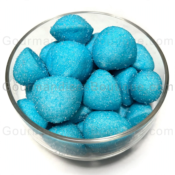 Bonbon saveur framboise Balle de Golf très bonne sucrée/moelleuse- Délicieuse guimauve bleue trop top.