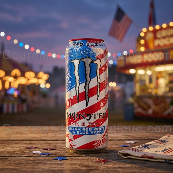 Monster Energy Ultra Red White and Blue Razz USA - Boisson framboise goût bonbons et fruits des bois.
